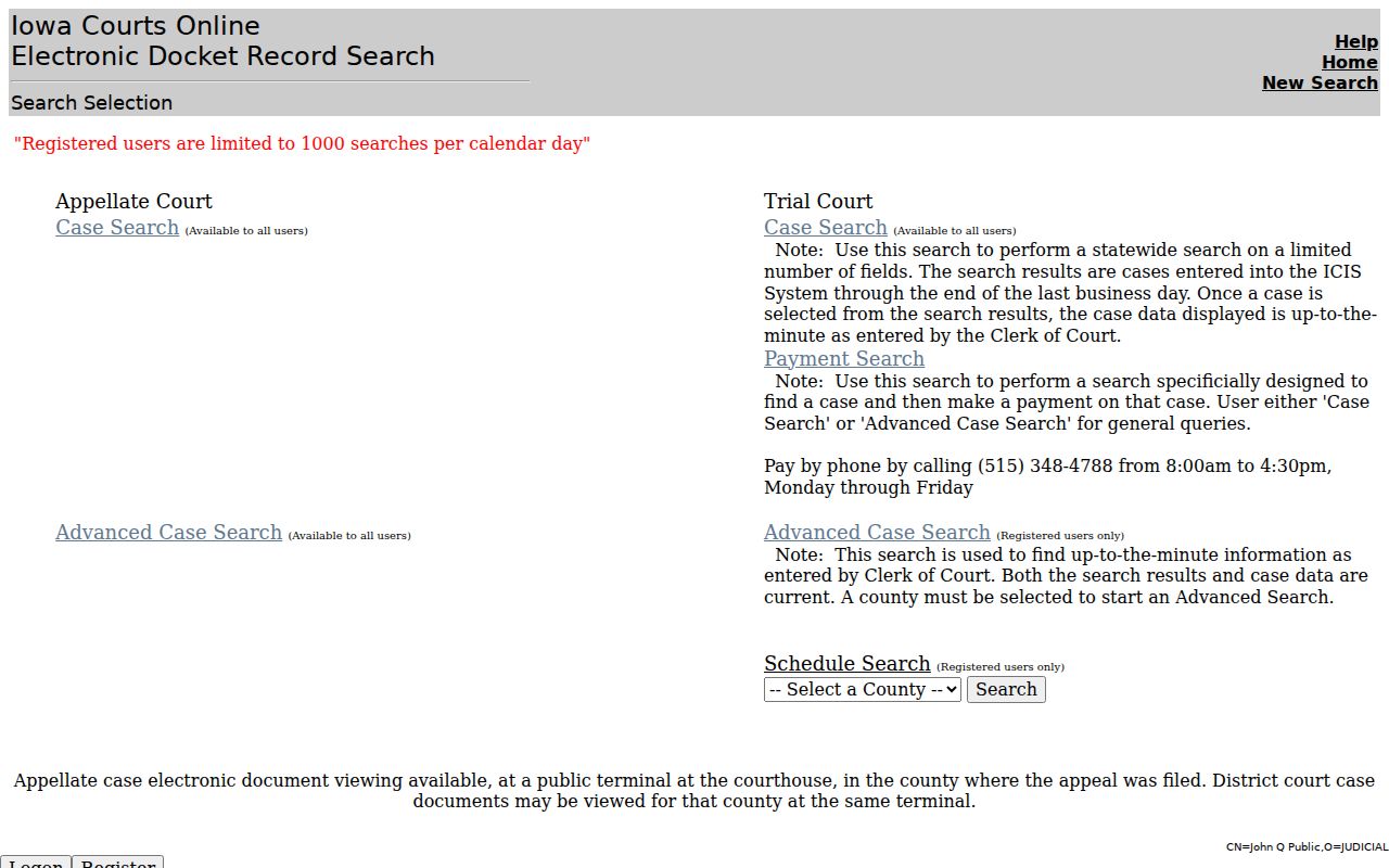 Iowa Courts Online search used for Sioux County warrant records
