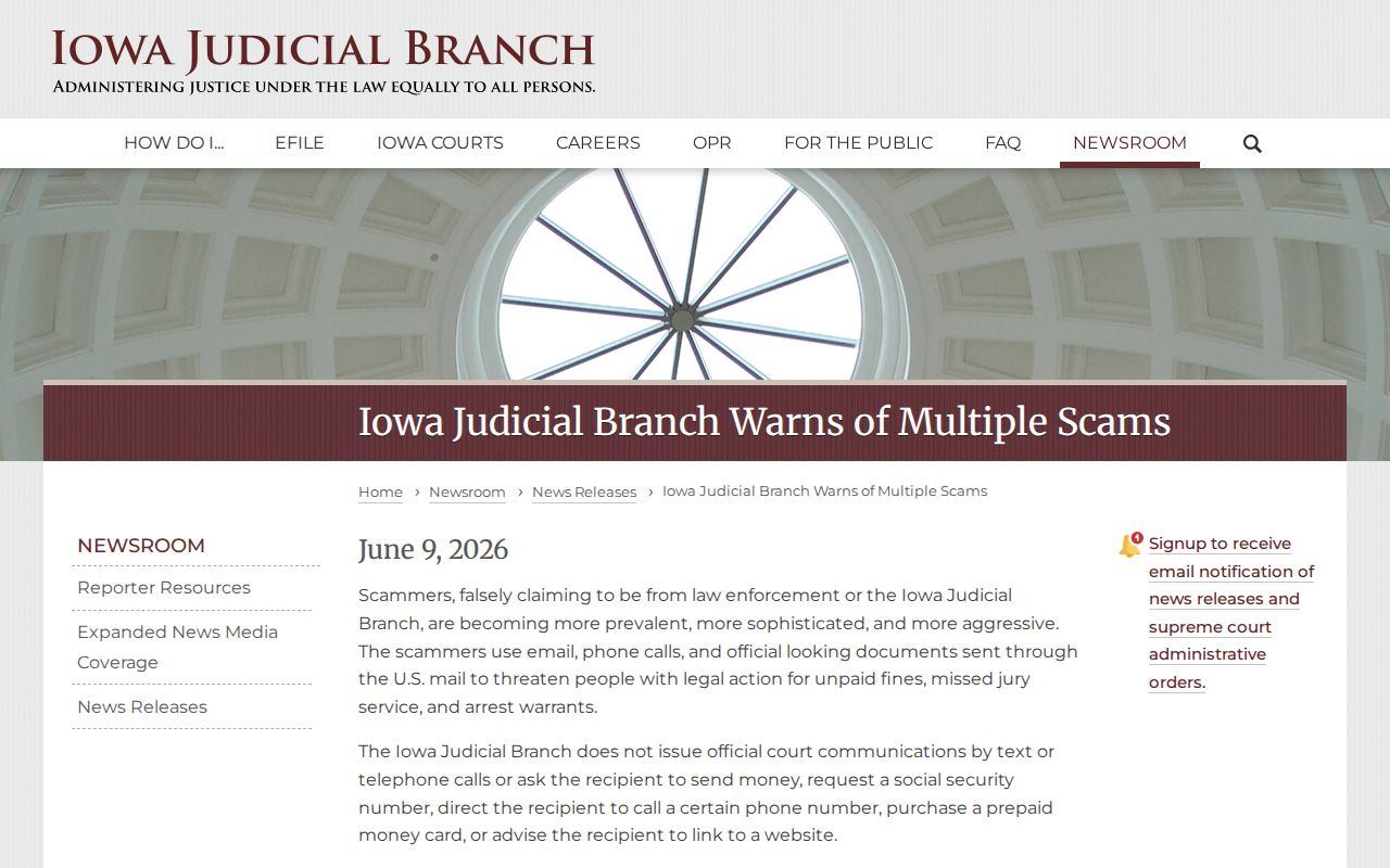 Iowa court scam warning for Sioux County warrant payment checks